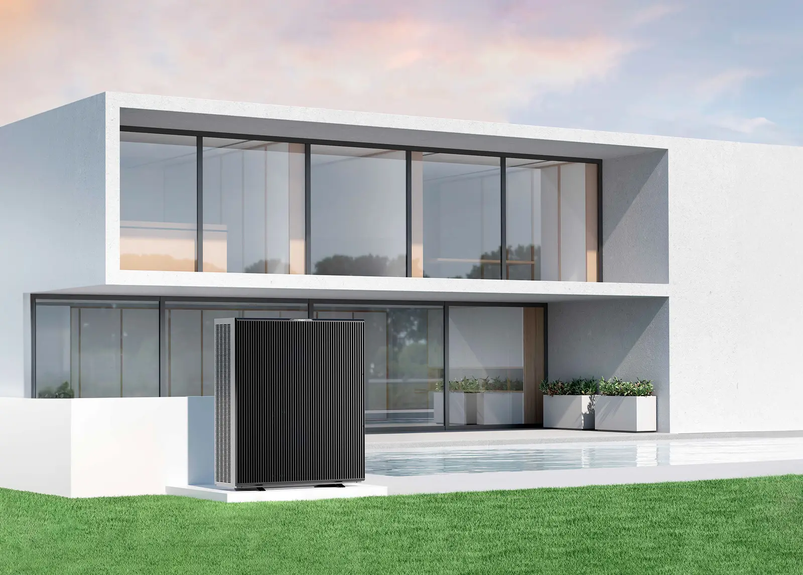 ZEALUX INVERBOOST PLUS Wärmepumpe vor einem modernen Einfamilienhaus